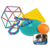 Colorful educational toys including geometric shapes, a chain, and a textured mat 