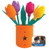 Colorful tulip-shaped utensils in an orange holder with star designs, suitable for ages 3-100.